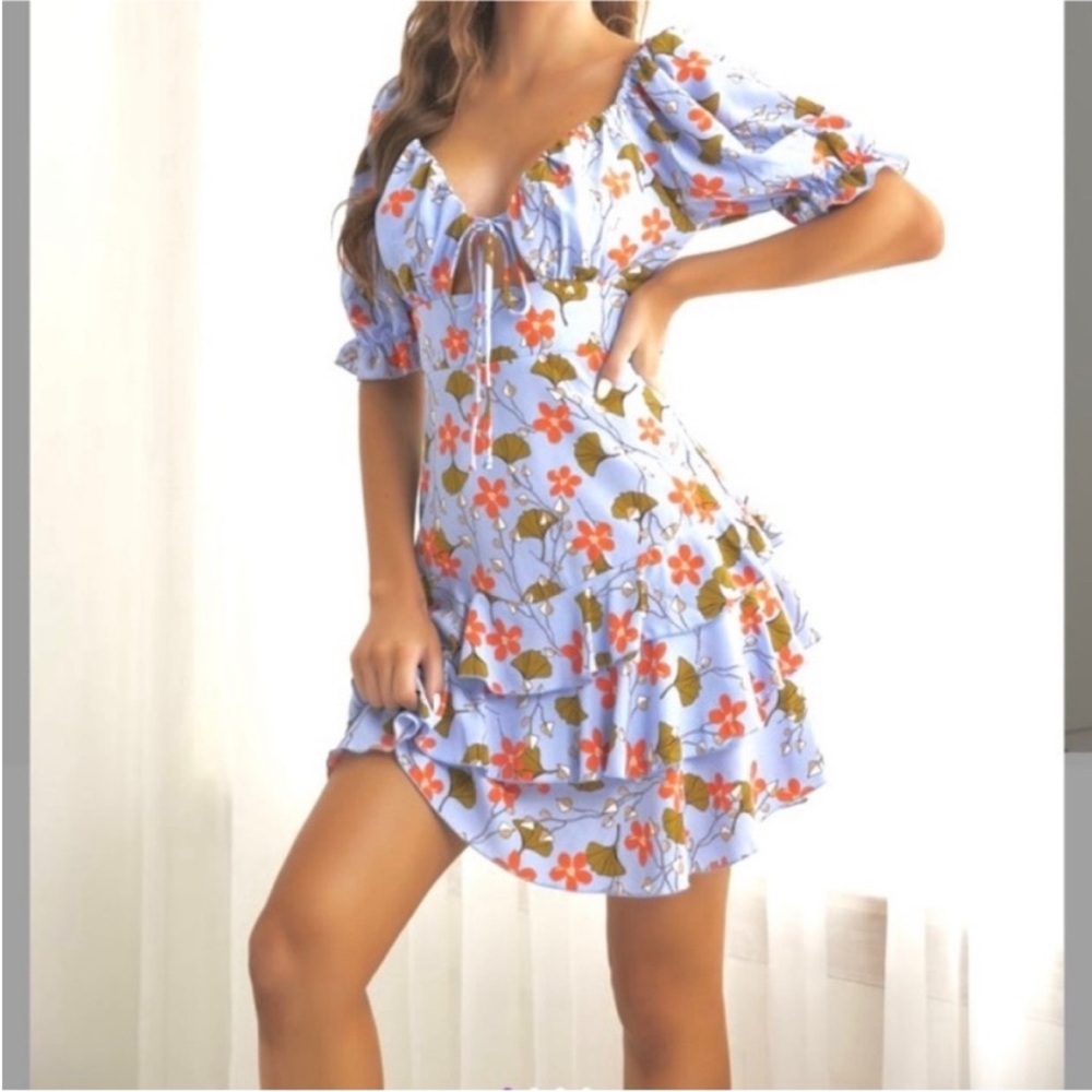 Floral Blue Dress with Ruffle Hem